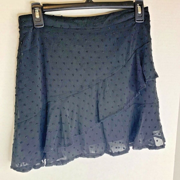 HYFVE Dresses & Skirts - Hyfve Womens Sz M Black Black Dots Ruffle Hem Skirt Mini  14 in chest laying fla